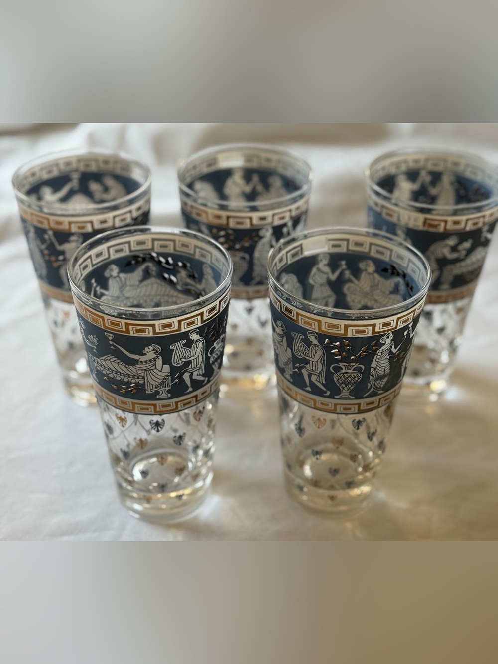 Vintage MCM Blue Gold Greek Key Cameo Highball Glasses Set of 5
